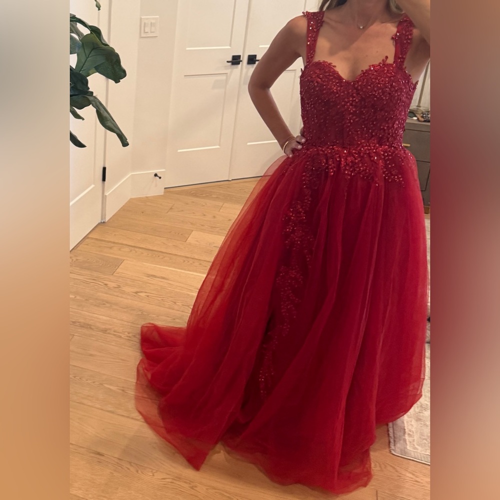 Custom size 0-4 Red Beaded corset lace up dress gown prom pageant tulle